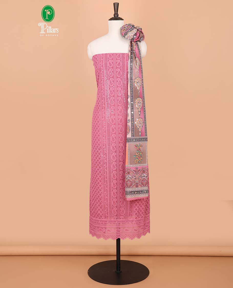 Onion pink lucknowi design, mango design embroidery georgette chudidhar material top with american crepe pant & chinnon material digital print, mirror work,lace border dupatta