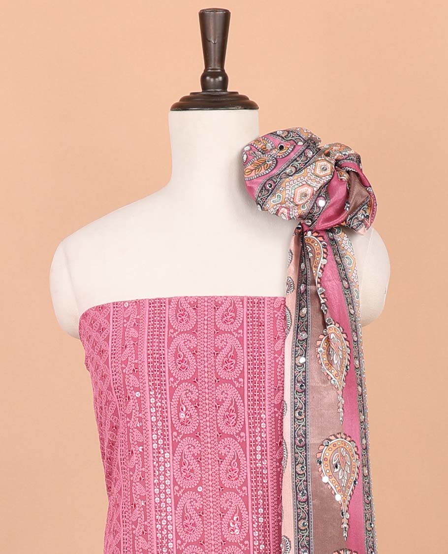Onion pink lucknowi design, mango design embroidery georgette chudidhar material top with american crepe pant & chinnon material digital print, mirror work,lace border dupatta