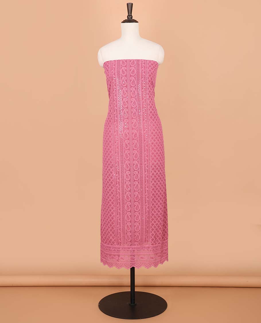Onion pink lucknowi design, mango design embroidery georgette chudidhar material top with american crepe pant & chinnon material digital print, mirror work,lace border dupatta