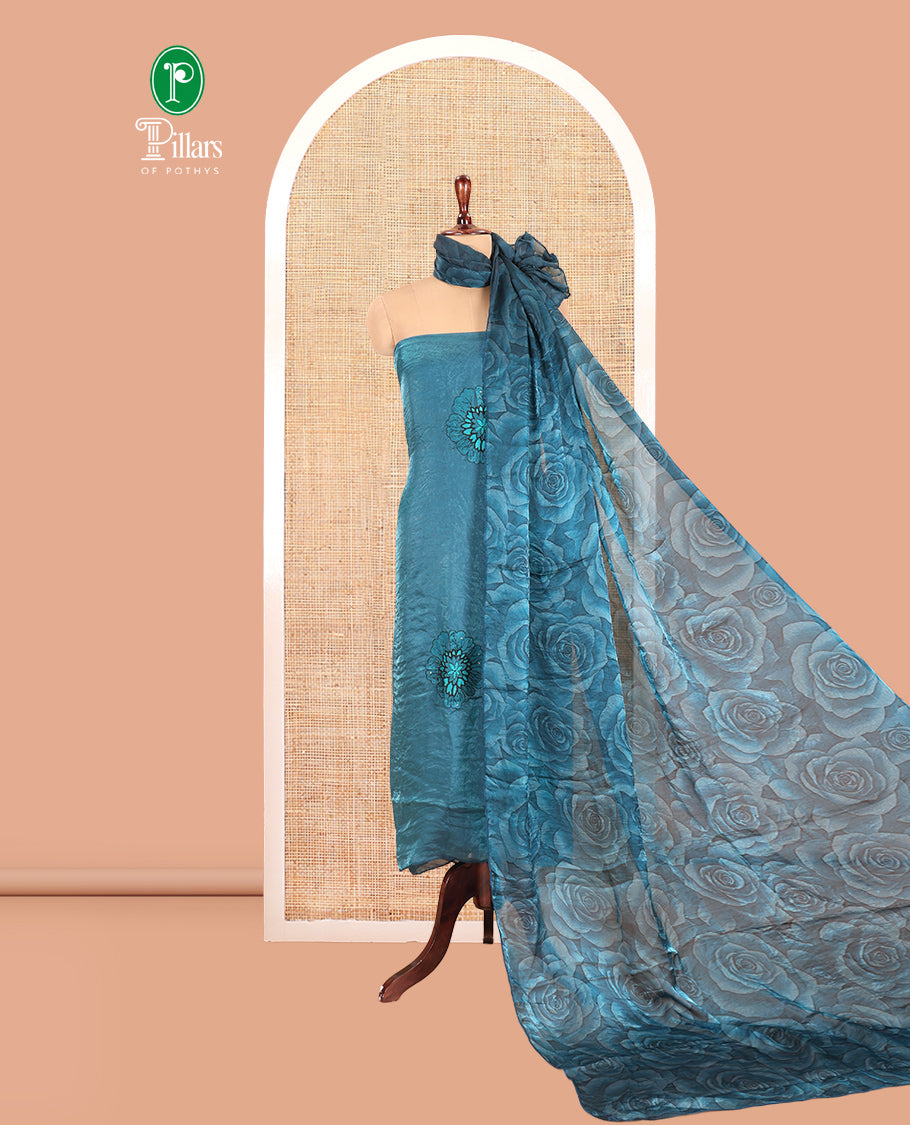 Rama Blue Velvet Organza Designer Material Chudidar, Floral Embroidery Top, Plain Bottom, Rose Printed Dupatta