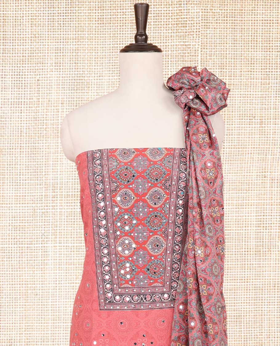 Peach jacquard, ajrakh print, mirror work crepe chudidhar material top with american crepe pant & chinnon ajrakh print, mirror work dupatta