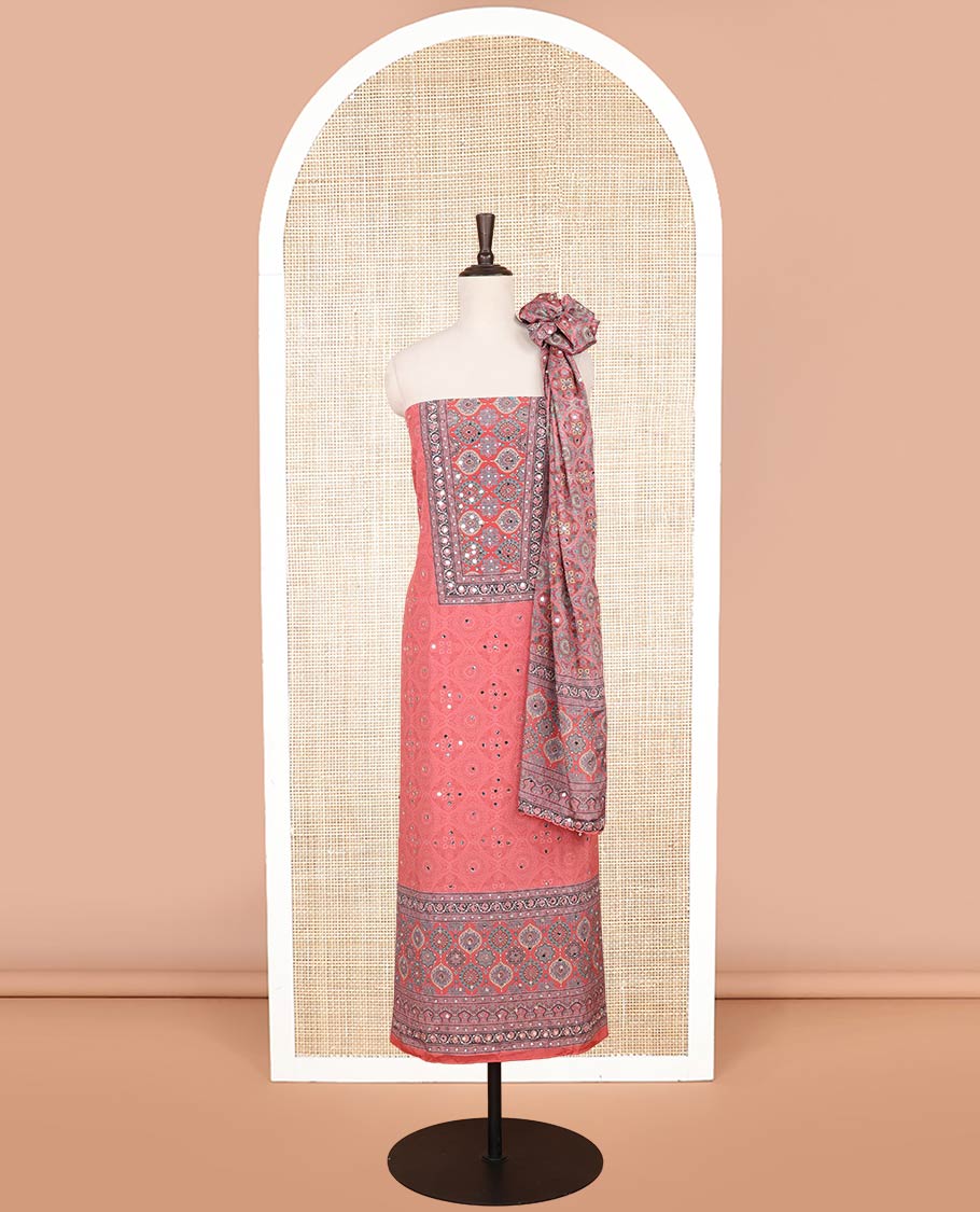 Peach jacquard, ajrakh print, mirror work crepe chudidhar material top with american crepe pant & chinnon ajrakh print, mirror work dupatta