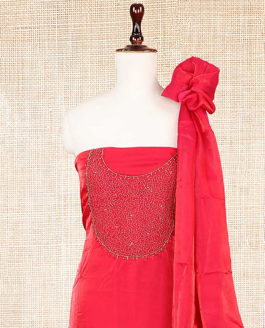 Red moti handwork velvet organza chudidhar material top with american crepe pant & one side handwork dupatta