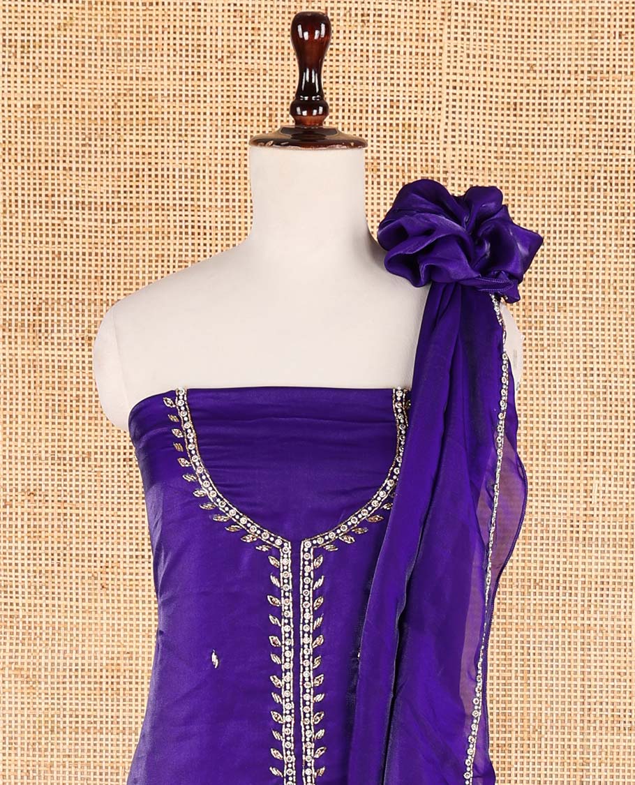 Blue sherwani pattern , hand work velvet organza chudidhar material top with american crepe pant & one side bead work dupatta