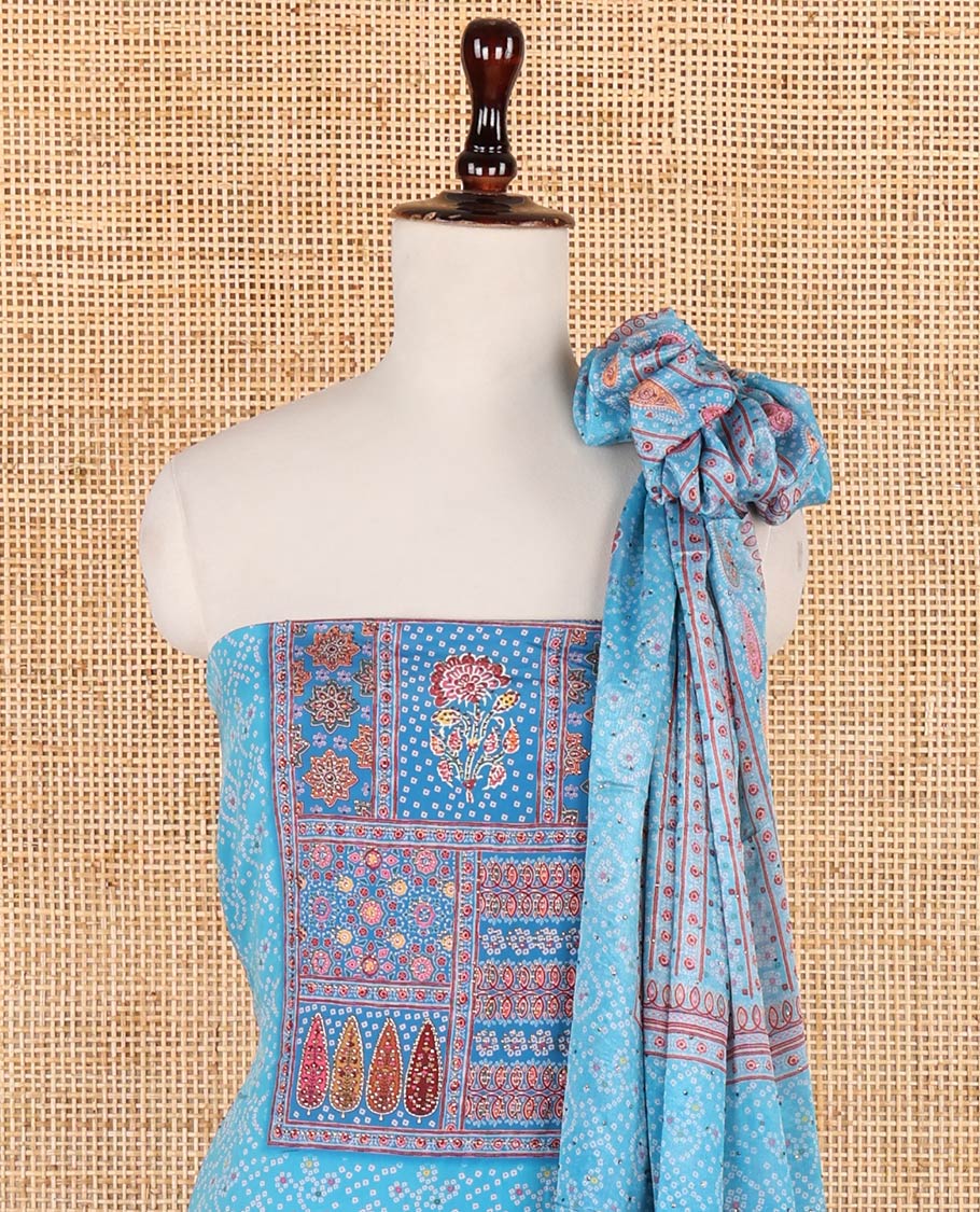 Blue bhandani print, floral design, swarovski work crepe chudidhar material top with american crepe pant & chinnon material bhandani print, swarovski work dupatta