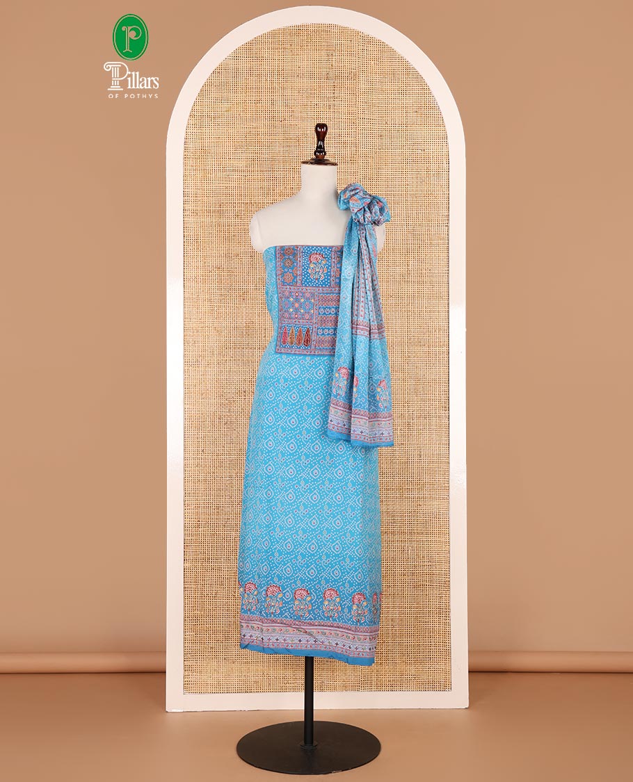 Blue bhandani print, floral design, swarovski work crepe chudidhar material top with american crepe pant & chinnon material bhandani print, swarovski work dupatta