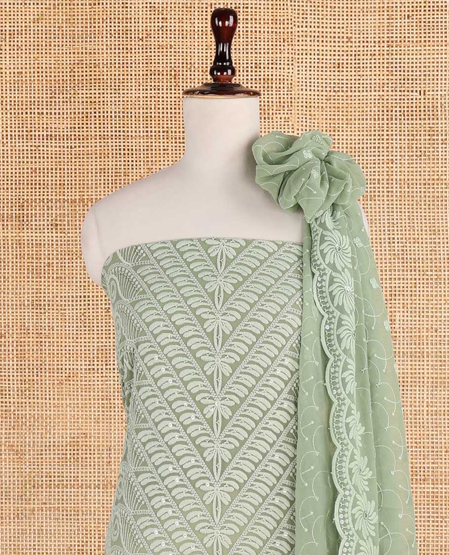 Pista green shifli sequins embroidery georgette chudidhar material top with american crepe pant & sequins embroidery, scallop cut dupatta