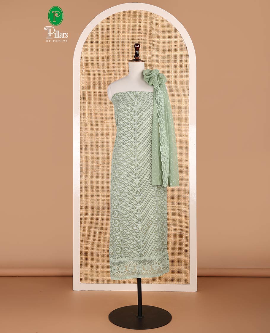 Pista green shifli sequins embroidery georgette chudidhar material top with american crepe pant & sequins embroidery, scallop cut dupatta