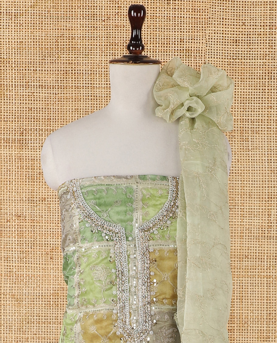 Green-ombre organza chudidar material set, position print & intricately bead embroidered top, floral vine zari embroidery dupatta & plain santoon bottom