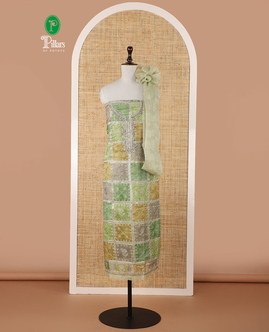 Green-ombre organza chudidar material set, position print & intricately bead embroidered top, floral vine zari embroidery dupatta & plain santoon bottom