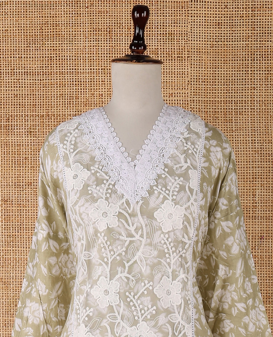 Yellow chudidar material set, floral embroidery with daman crochet lace work jam cotton top, white thread argyle design embroidery with lace work nazlin dupatta, unique motifs printed bottom