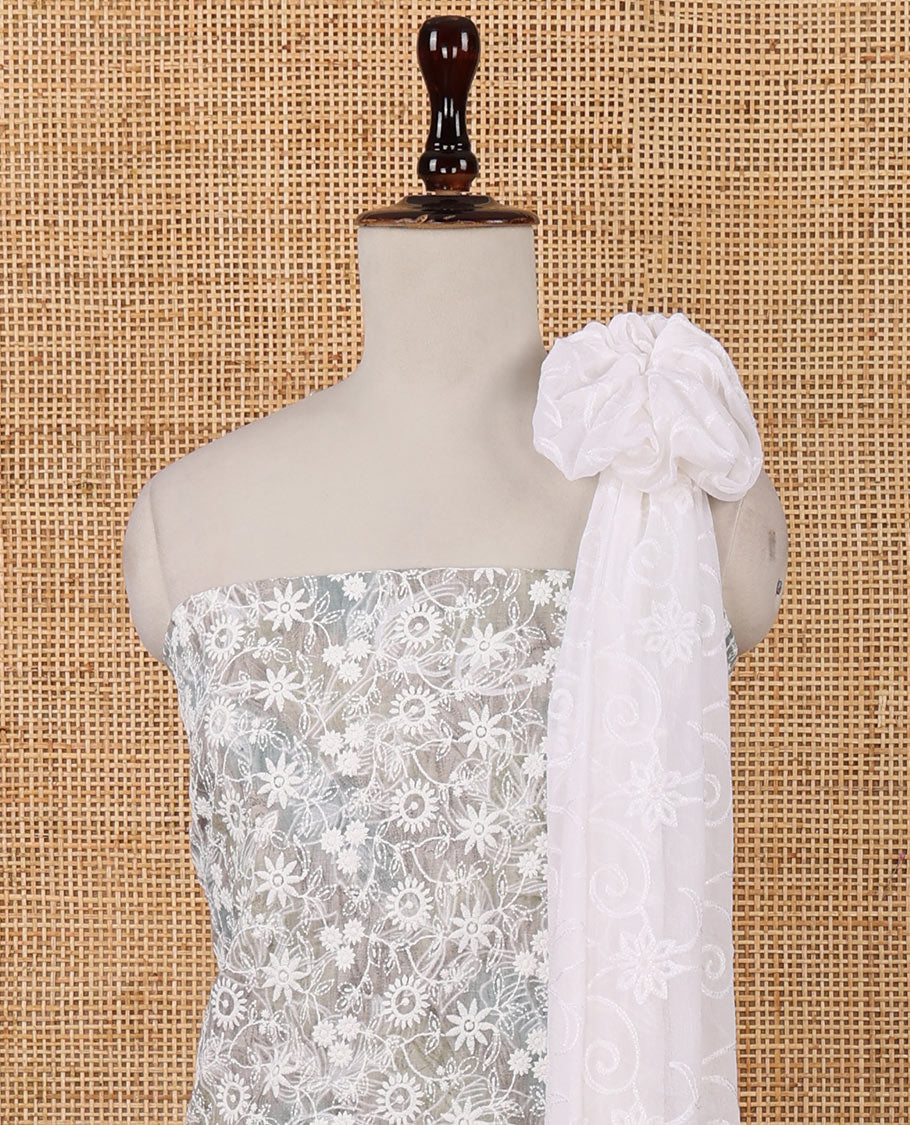 Ash chudidar material set, shibori-print & floral vine chikankari embroidered top,printed cotton bottom & floral chikankari embroidery chiffon dupatta