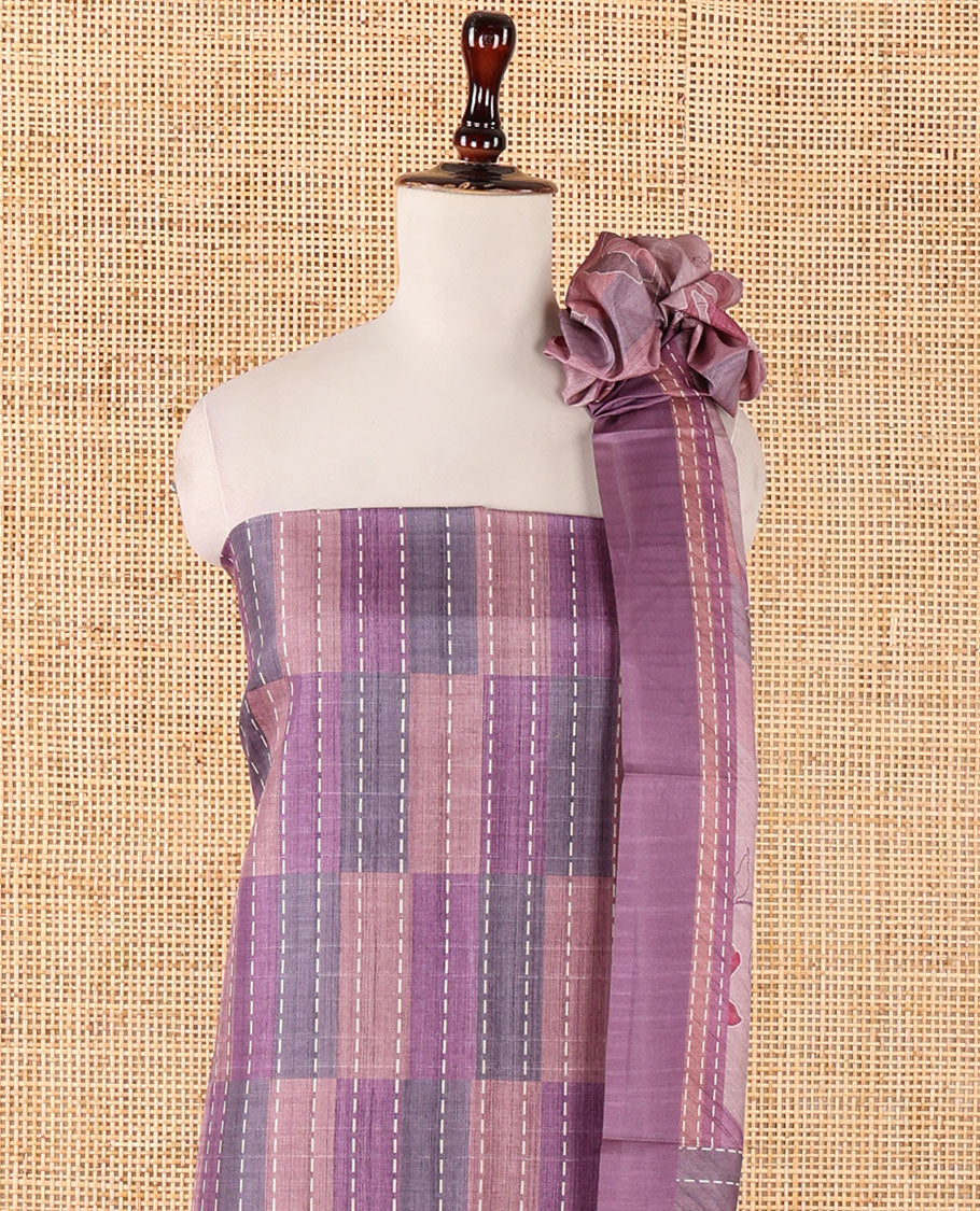 Purple semi-tussar material chudidar set,geometric & kantha print top,heathered plain bottom & dupatta of geometric & floral print