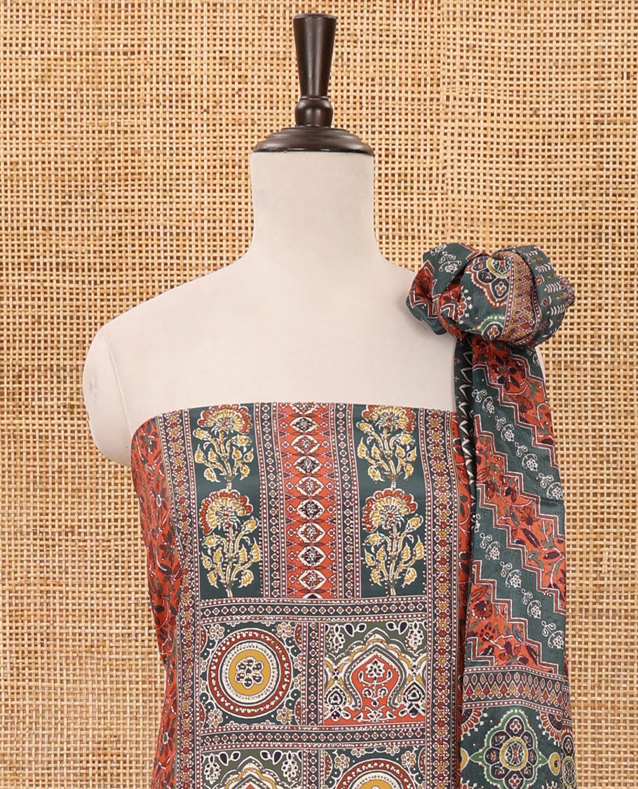 Rust material chudidar set,floral-geometric Arjrakh print & stonework Masakali crepe top,plain bottom & Arjrakh print & stonework chinon dupatta