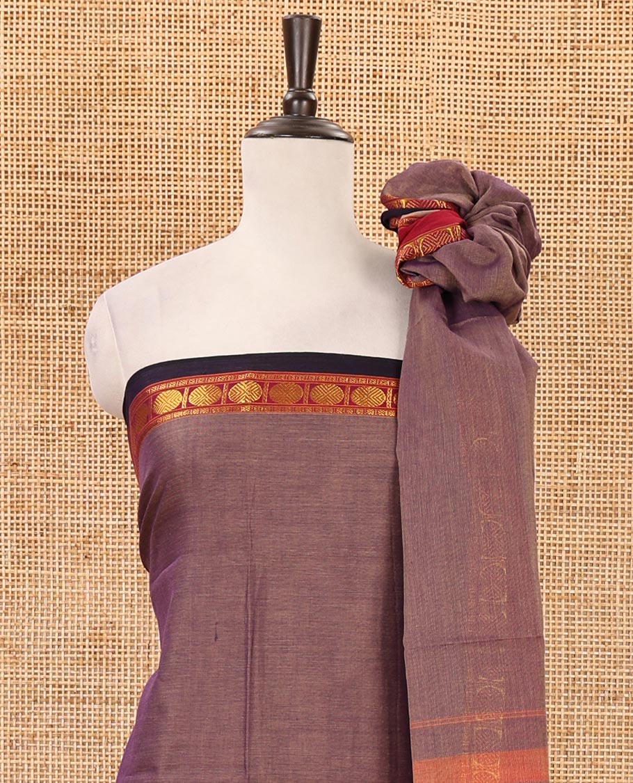 Lavender mercerized cotton material chudidar set,plain contrast traditional rudraksham border top,matching bottom & 2-sided rudraksham border dupatta