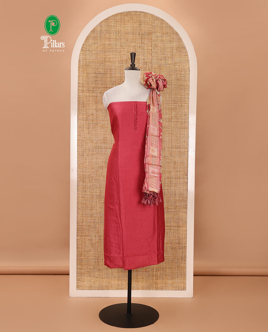 Dark peach material chudidar set, plain with neck work vichitra silk top, cotton bottom & baraso floral printed dupatta