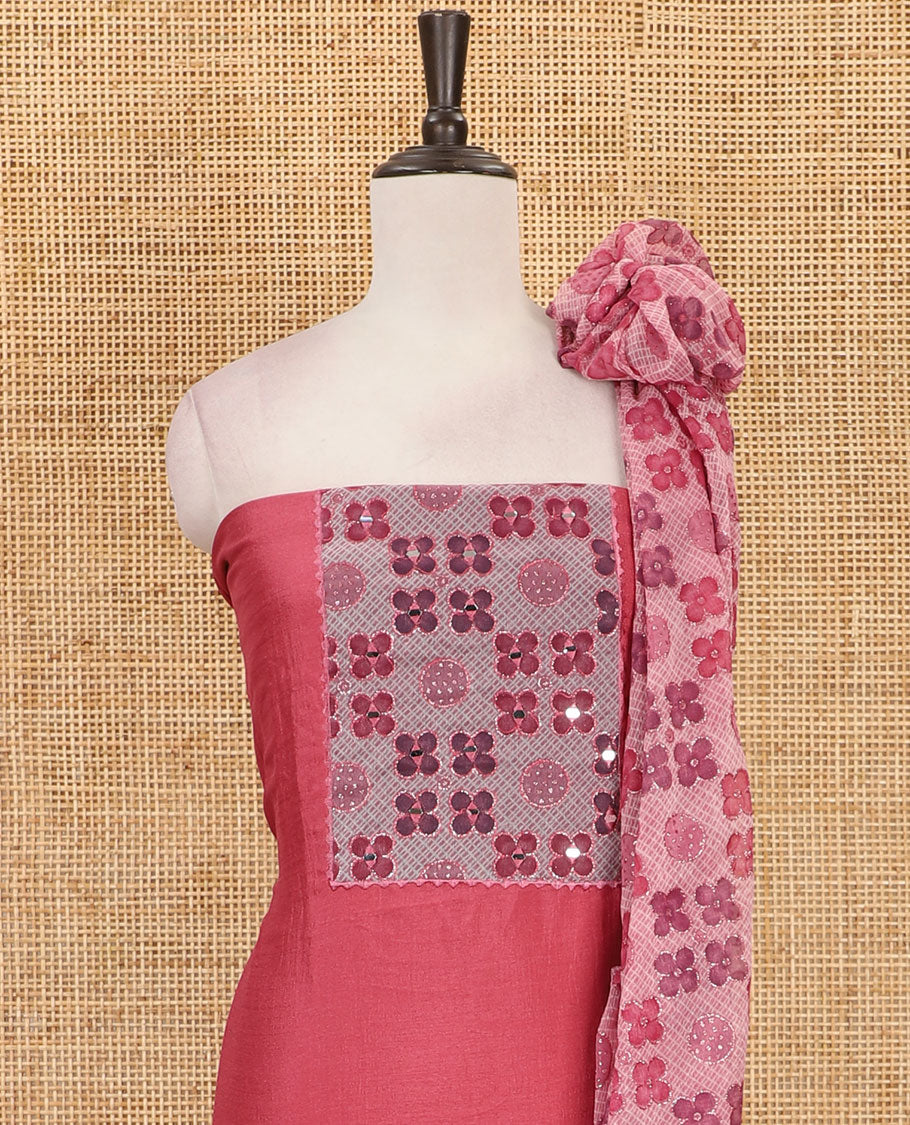 Onion pink Vichitra silk material chudidar set, brasso print & mirror embroidered neck work top, santoon bottom & four-petal floral motifs printed dupatta