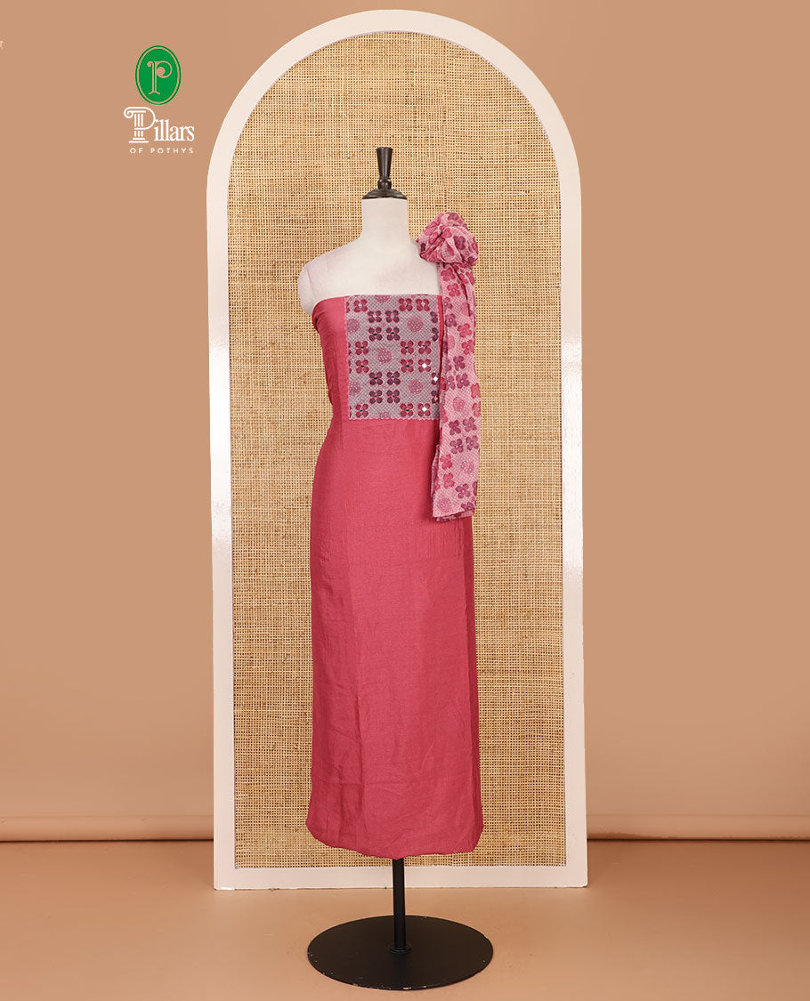 Onion pink Vichitra silk material chudidar set, brasso print & mirror embroidered neck work top, santoon bottom & four-petal floral motifs printed dupatta