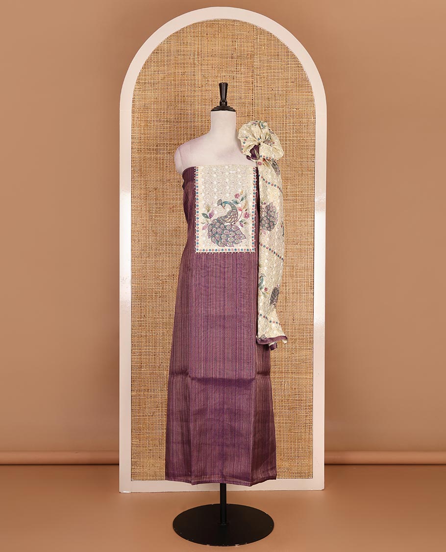 Wine tissue material chudidar set, peacock printed with neck patch embroidered top, plain bottom, dupatta of peacock print, and cut work