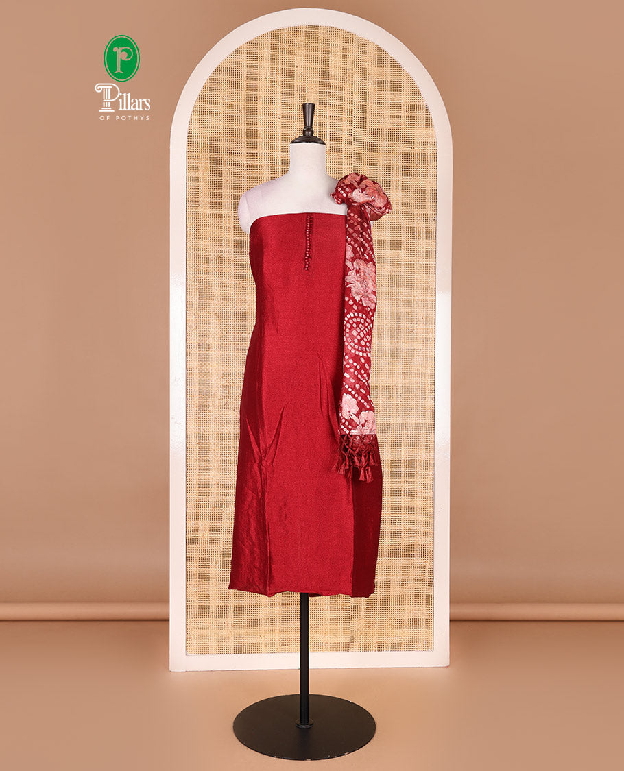 Maroon material chudidar set, plain with fancy thermacol balls neck work Vichitra top, cotton bottom, and floral with bandhani printed dupatta