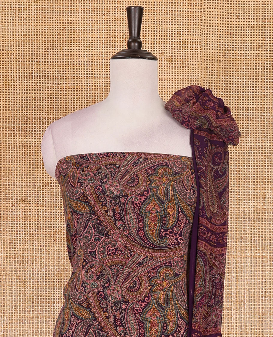 Purple Italian crepe material chudidar set, paisley printed top, plain bottom, and floral-paisley printed georgrette dupatta