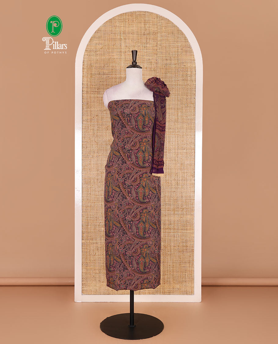 Purple Italian crepe material chudidar set, paisley printed top, plain bottom, and floral-paisley printed georgrette dupatta