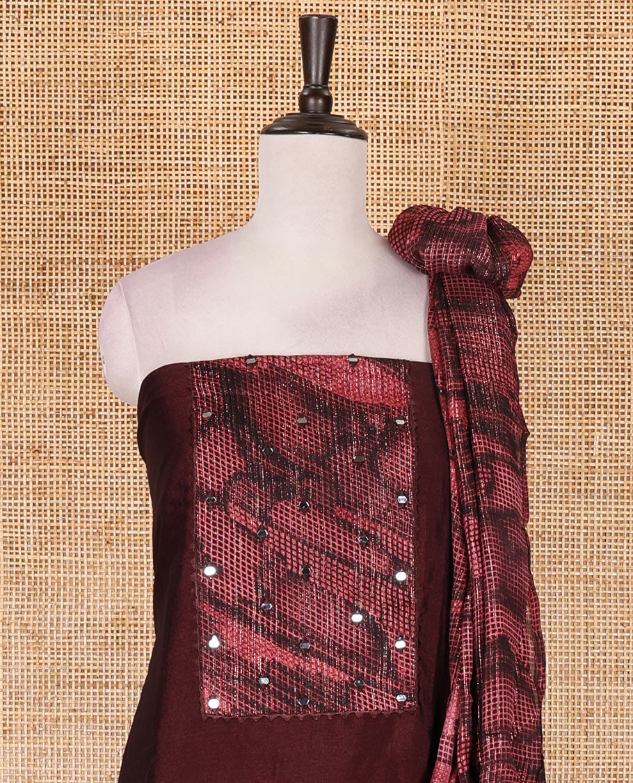Magenta material chudidar set, abstract printed with mirrorwork vichitra silk top, santoon bottom, and abstract printed shimmer georgette dupatta