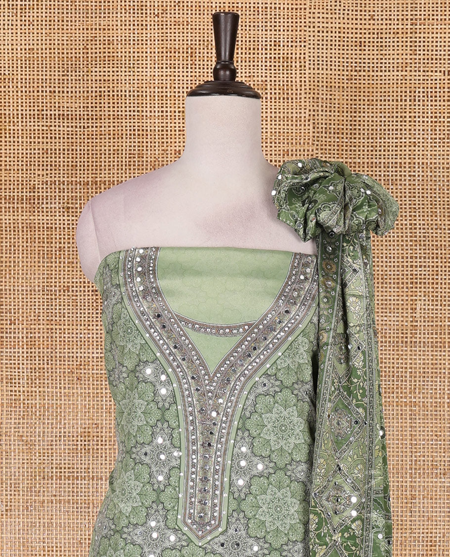 Green material chudidar set, intricately printed with original mirror work crepe top, Italian crepe bottom, and chinon digital print, mirror work dupatta