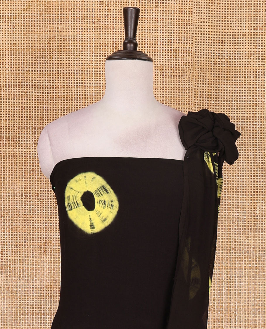 Black and yellow viscose georgette material churidar set, big bandhani dots printed top, plain bottom, and big bandhani dots printed dupatta