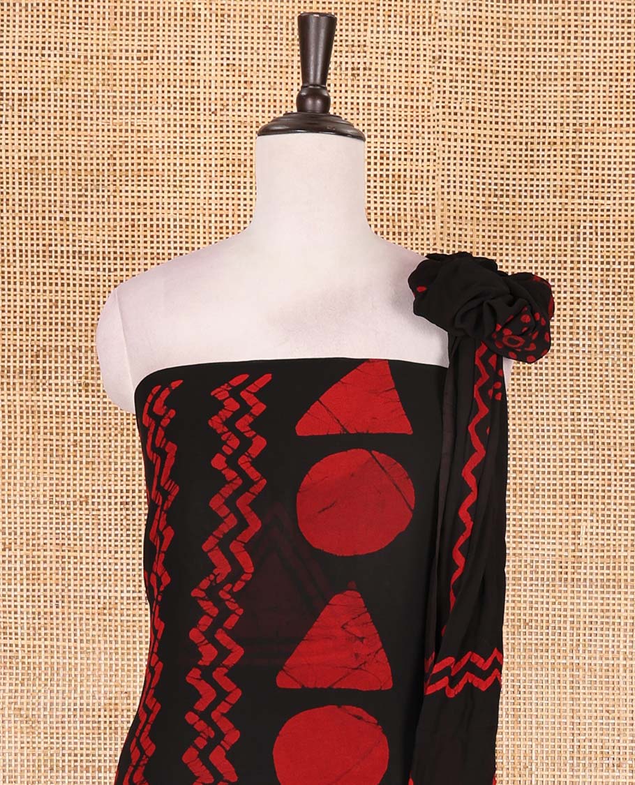 Black and red viscose georgette material churidar set, geometric shapes batik hand block printed top, plain bottom, and batik hand block printed dupatta