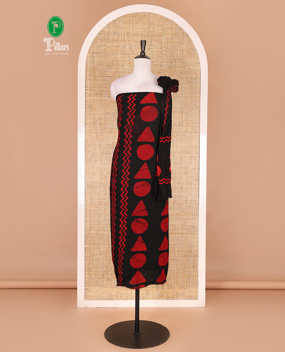 Black and red viscose georgette material churidar set, geometric shapes batik hand block printed top, plain bottom, and batik hand block printed dupatta