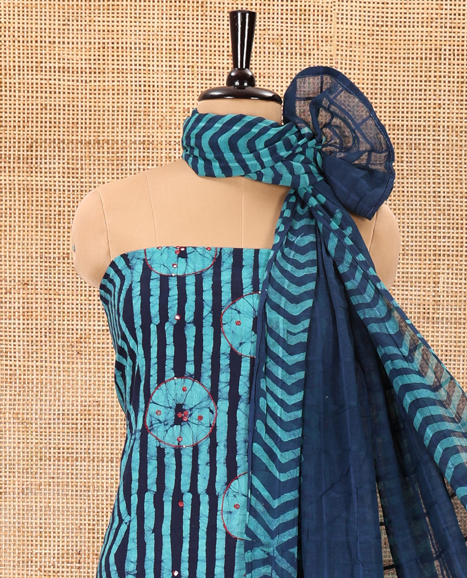 Ink blue material chudidar set, batik print, mirror work and kantha work cotton top, cotton bottom, and batik printed dupatta