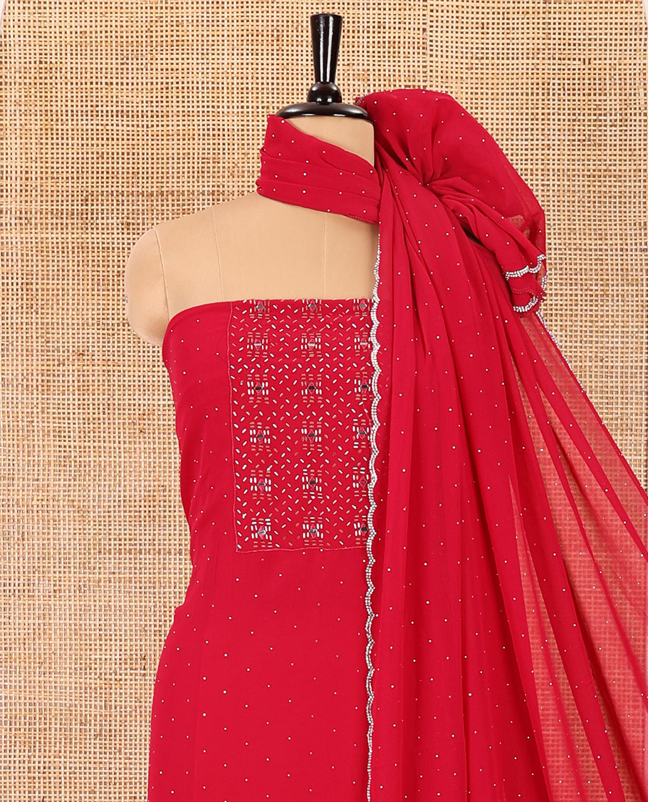 Rani pink material chudidar set, silver stone embroidered with neck bead work georgette top, santoon plain botom, and scallop swarovski stone work dupatta