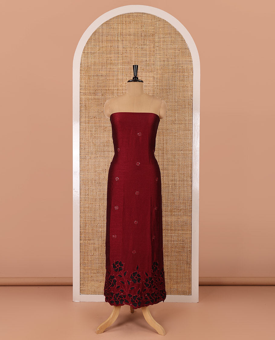 Maroon material chudidar set, sequins work with floral Aplic embroidered Vichitra silk top, matching bottom, and an embroidered dupatta