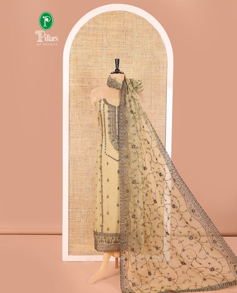 Golden Material Chudidar Set Adorned with Embroidered Organza Chiffon Top, Subtly Made Plain Santoon Bottom, and a Organza Dupatta Featuring Floral Jaal Embroidery