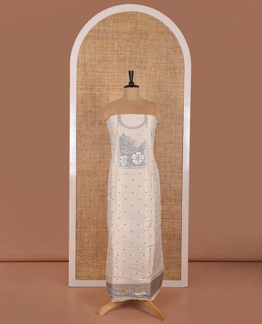 Light Sandal Chanderi Tissue Material Chudidhar Set, Beautified with Polka Dot and Neck Floral Patch Embroidered Top, Plain Bottom, and Chanderi Tissue Dupatta of Floral-Geometric Design Weave