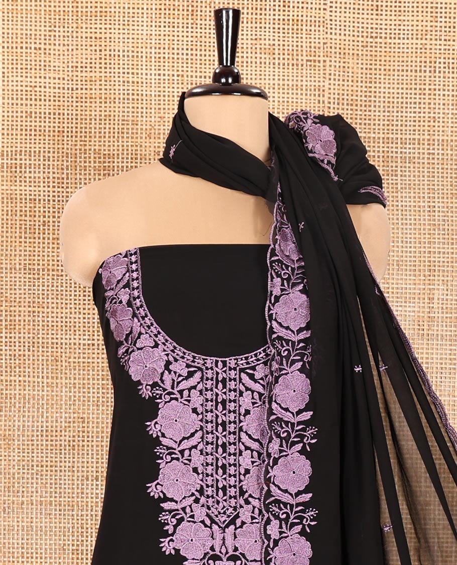 Black and Lavender Material Chudidhar Set, Elevated with Floral Thread Embroidered Fox Georgette Top, Plain Santoon Bottom, and Fox Georgette Scallop Dupatta with Floral Thread Embroidery