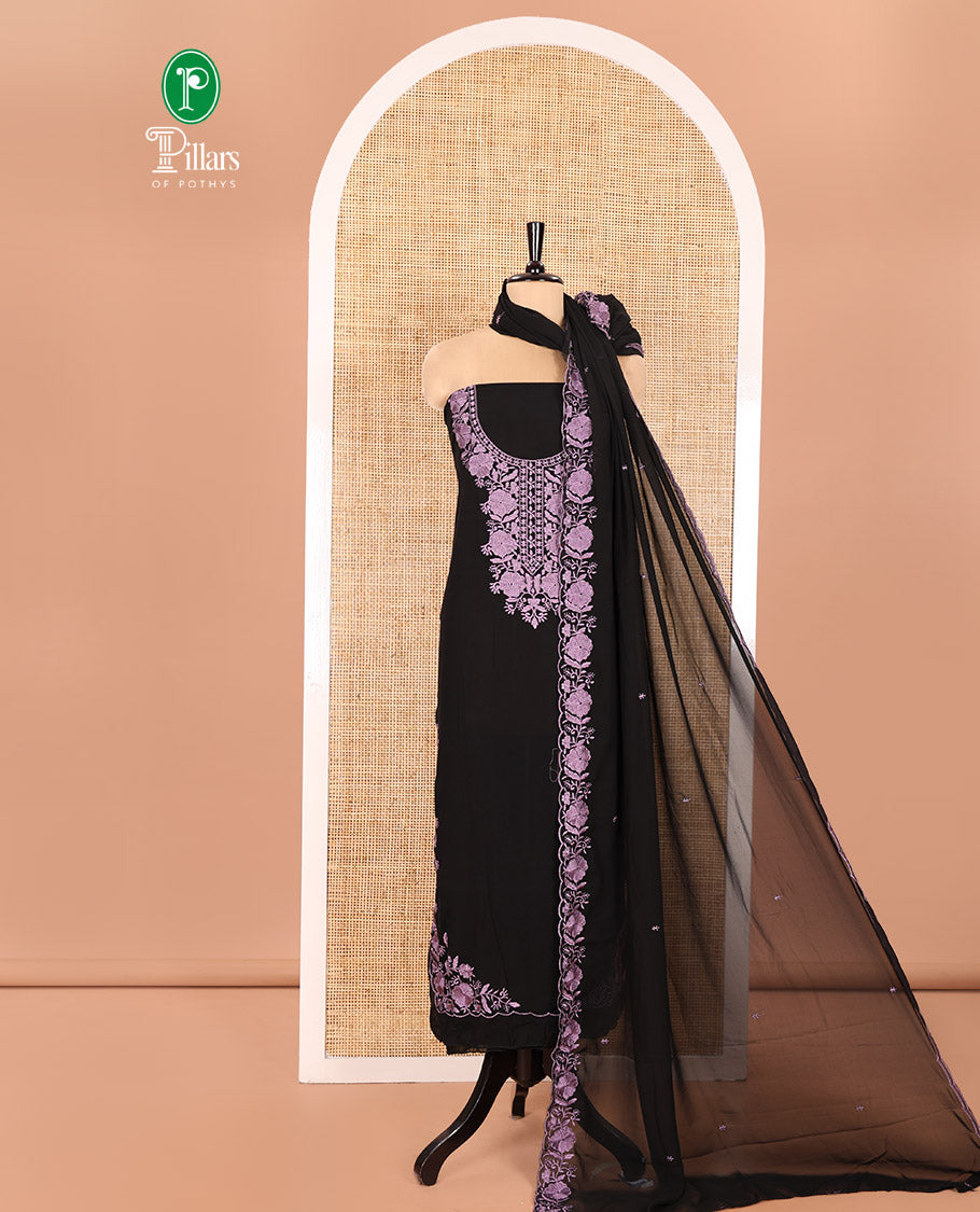 Black and Lavender Material Chudidhar Set, Elevated with Floral Thread Embroidered Fox Georgette Top, Plain Santoon Bottom, and Fox Georgette Scallop Dupatta with Floral Thread Embroidery