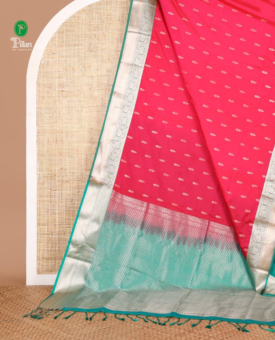 Pink zari butta semi soft silk saree with kodi, bhavanji border & grand pallu along with plain blouse