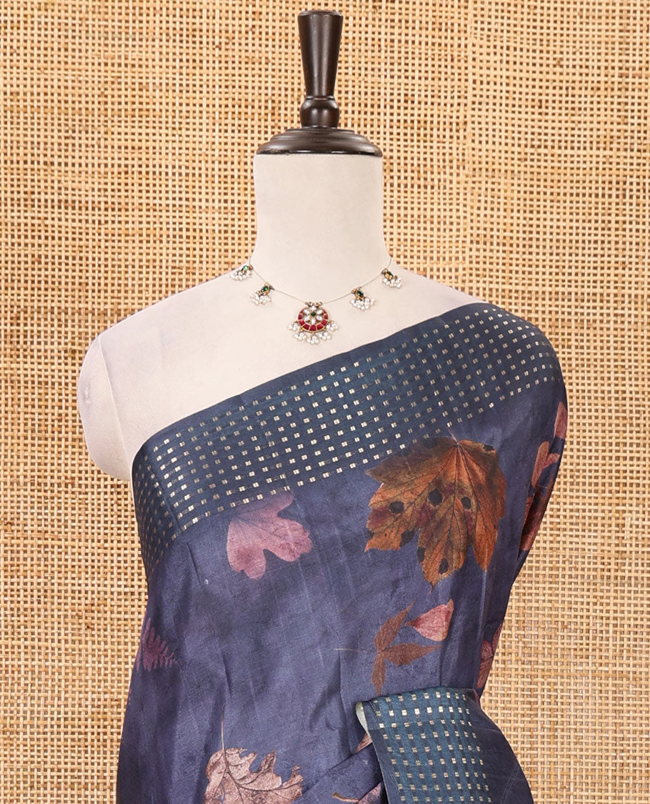 Grey leaf motifs eco-digital printed fancy tussar saree, zari border & pallu woven with dobby-style buttas