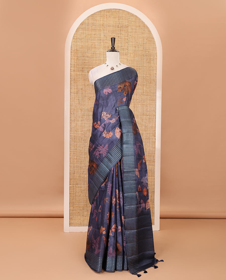 Grey leaf motifs eco-digital printed fancy tussar saree, zari border & pallu woven with dobby-style buttas