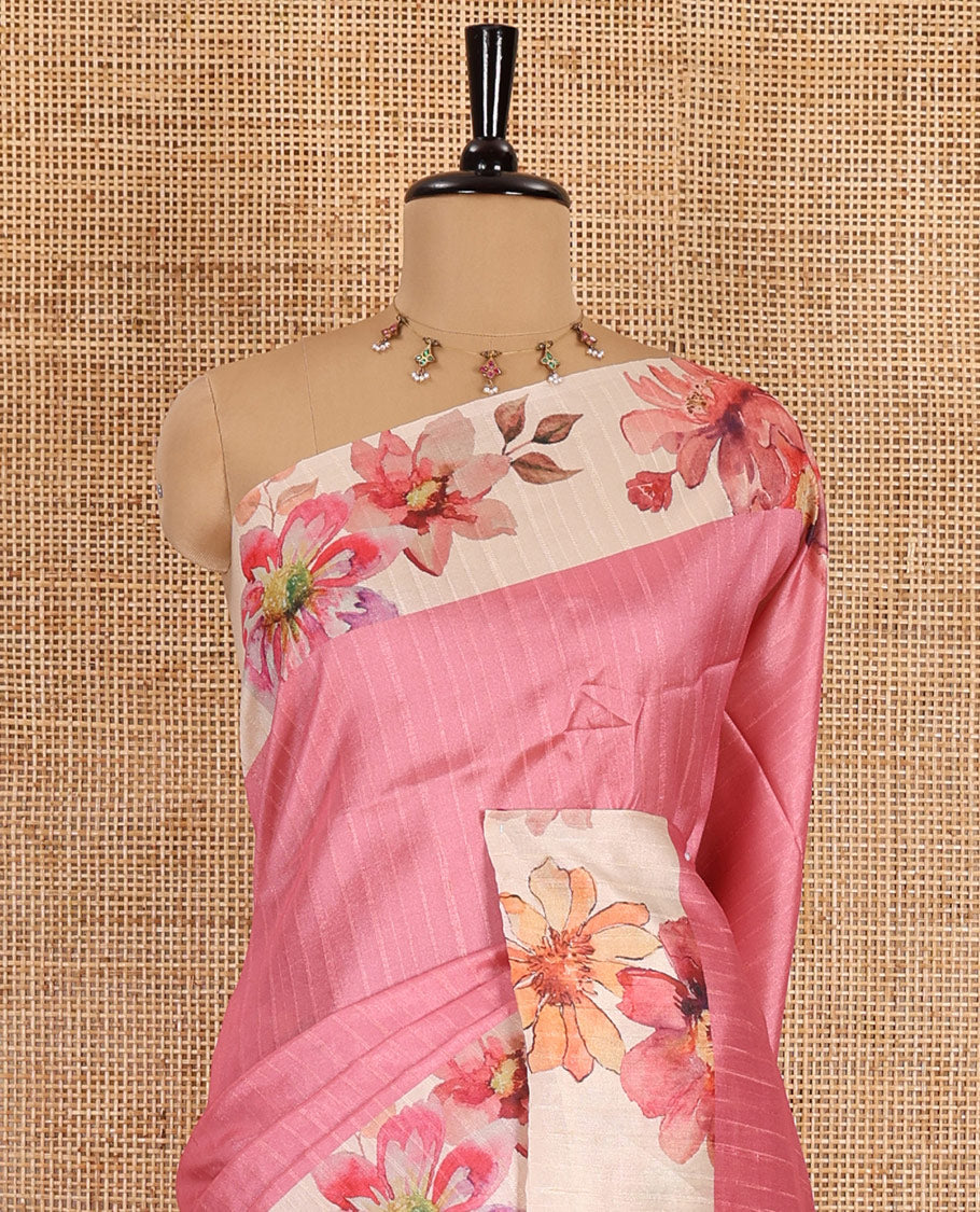 Pink plain fancy tussar digital printed saree, contrast floral digital printed border, floral printed pallu, and a floral printed blouse