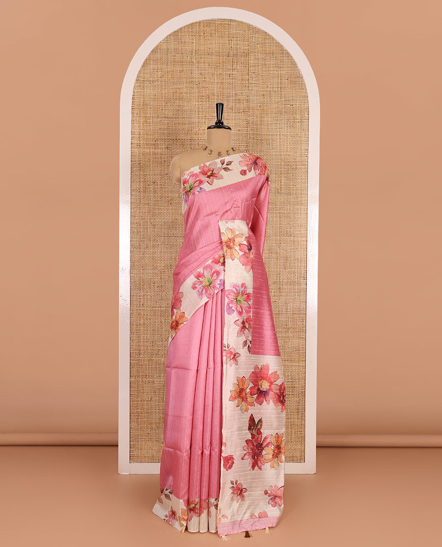 Pink plain fancy tussar digital printed saree, contrast floral digital printed border, floral printed pallu, and a floral printed blouse