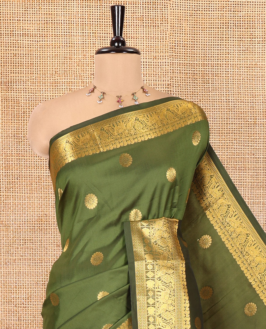 Mehendi Green Art Silk Saree Features Chakra Buttas, a Zari Elephant-Peacock Border, Grand Pallu, Matching Blouse