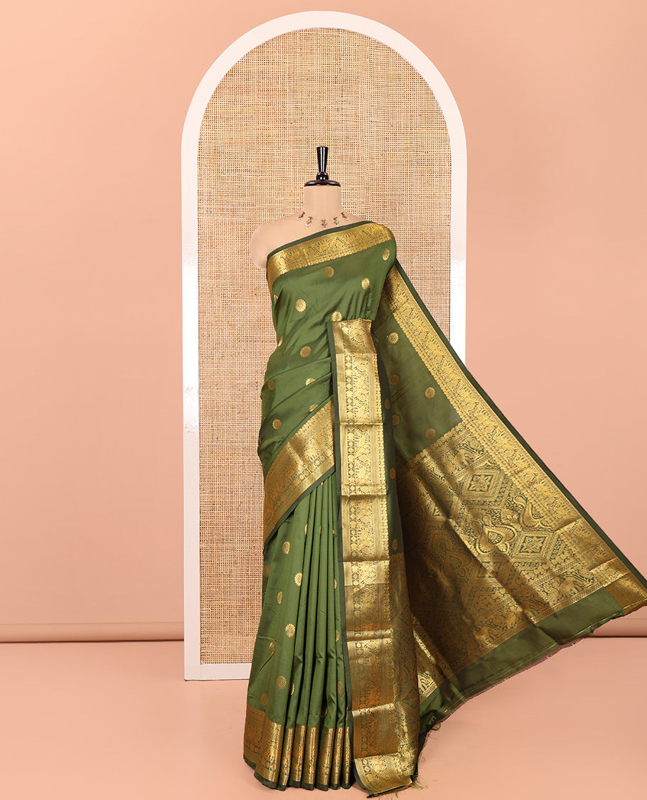 Mehendi Green Art Silk Saree Features Chakra Buttas, a Zari Elephant-Peacock Border, Grand Pallu, Matching Blouse