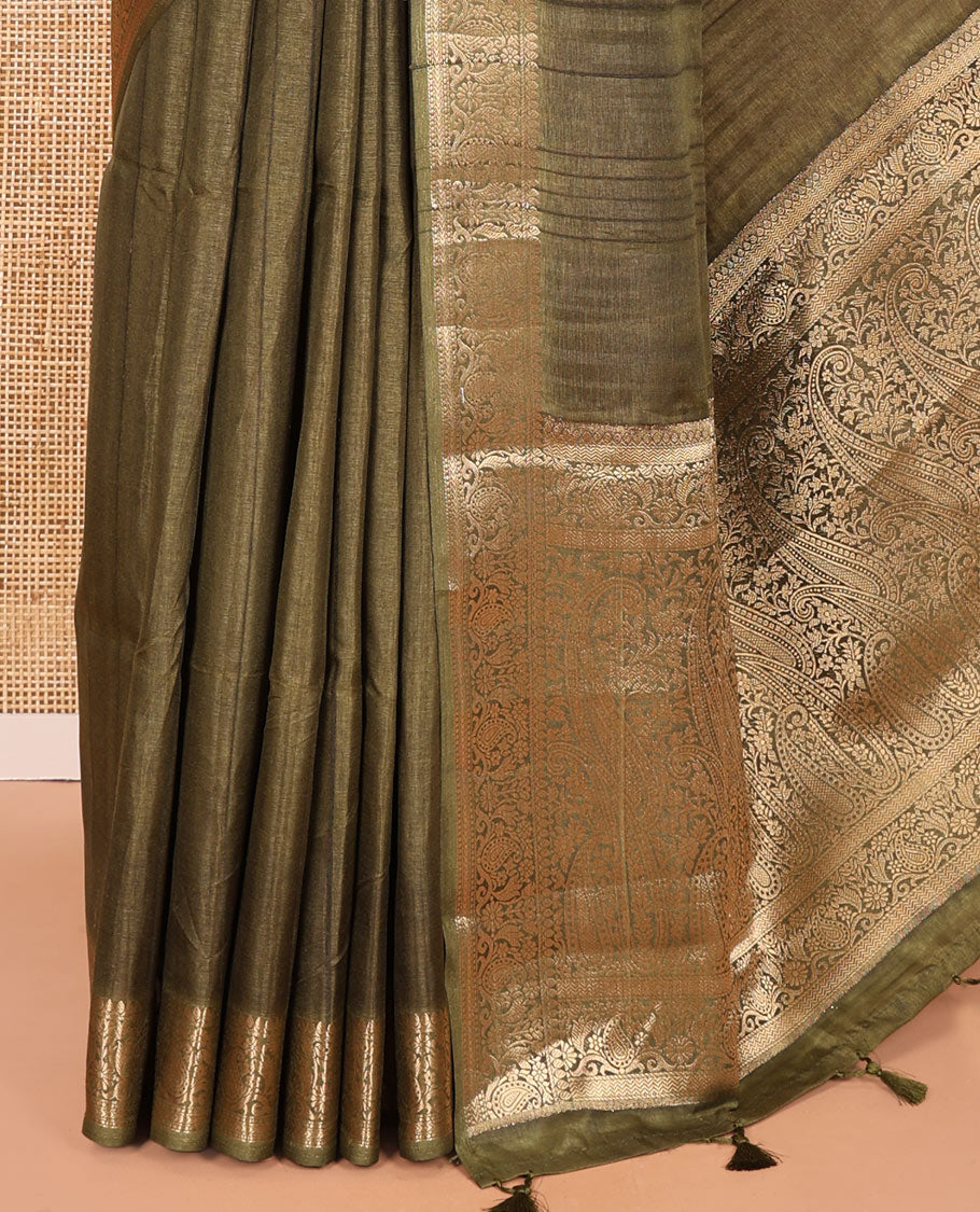 Olive Green Fancy Tussar Saree, Floral-Paisley Border, Grand Pallu, a Contrast Printed Blouse, Matching Brocade Blouse