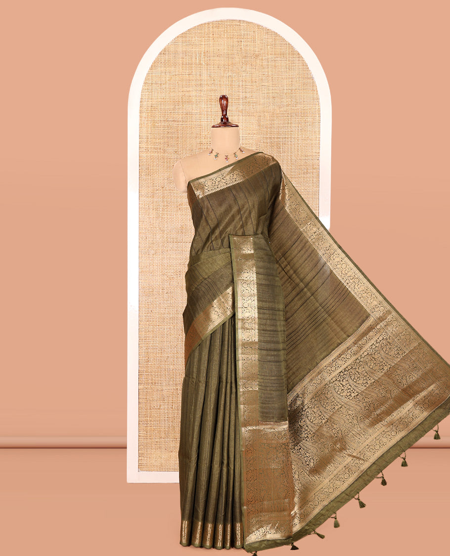 Olive Green Fancy Tussar Saree, Floral-Paisley Border, Grand Pallu, a Contrast Printed Blouse, Matching Brocade Blouse