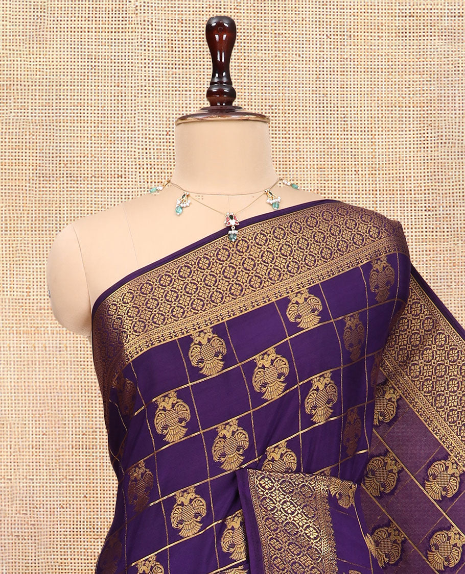 Purple Mysore Silk Saree Features Iruthalai Pakshi Buttas Enclosed Checks, a Traditional Border, Matching Blouse