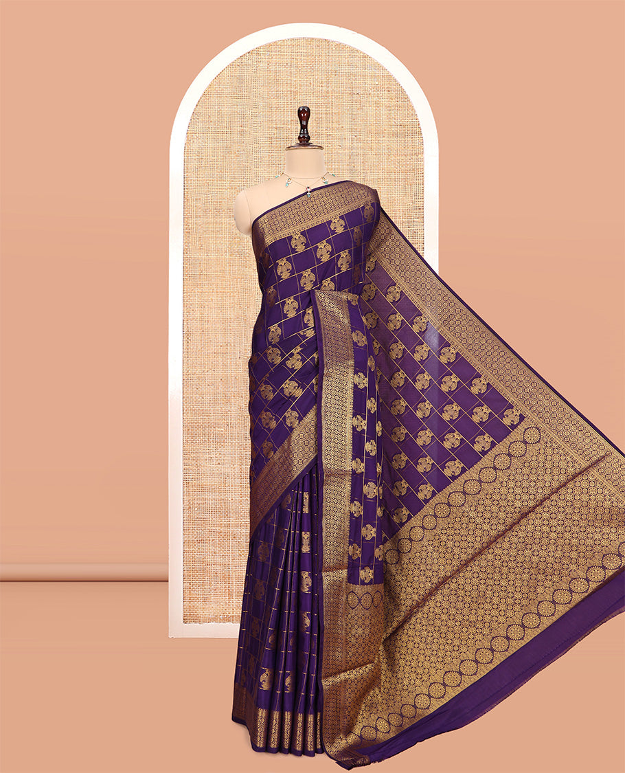Purple Mysore Silk Saree Features Iruthalai Pakshi Buttas Enclosed Checks, a Traditional Border, Matching Blouse