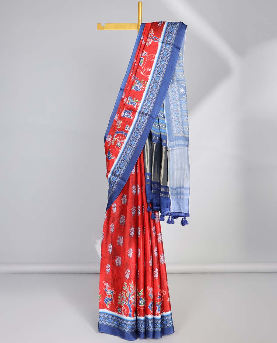 Red motifs semi-banaras printed saree with contrast pichwai border & geometric,floral design pallu